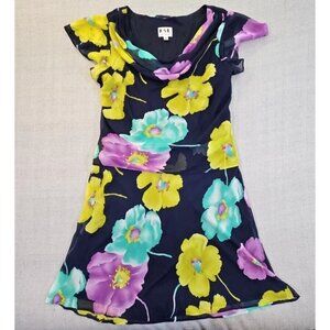 Karen Stevens Women's Lined Layered Chiffon AOP Dress Size 15W Navy Floral EUC